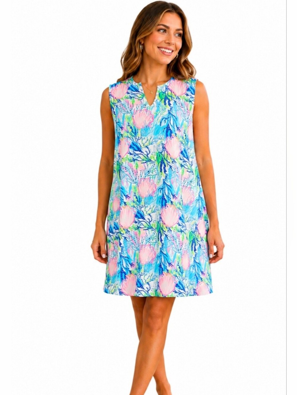 Lulu-B Size XL Sleeveless Seashell Coral Reef Print Dress Coastal Resort Stretch